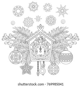 Christmas coloring page. Holiday hanging decorations and fir tree branches around wall cuckoo clock. Freehand sketch drawing for 2018 Happy New Year greeting card or adult antistress coloring book.