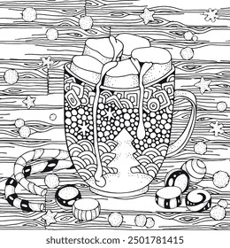 Christmas Coloring Page with Hot Chocolate Mug and Candy Cane – Detailed Black and White Festive Illustration. Zentangle patterns.