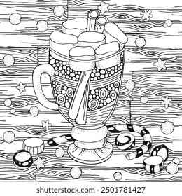 Christmas Coloring Page with Hot Chocolate Mug and Candy Cane – Detailed Black and White Festive Illustration. Zentangle patterns.