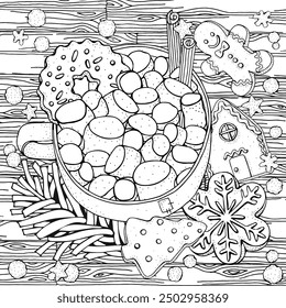 Christmas Coloring Page with Hot Chocolate Mug and Candy Cane – Detailed Black and White Festive Illustration. Zentangle patterns.