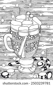 Christmas Coloring Page with Hot Chocolate Mug and Candy Cane – Detailed Black and White Festive Illustration