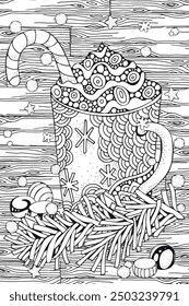 Christmas Coloring Page with Hot Chocolate Mug and Candy Cane – Detailed Black and White Festive Illustration