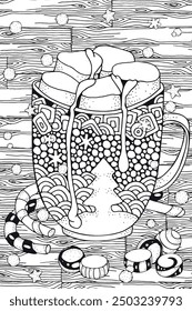 Christmas Coloring Page with Hot Chocolate Mug and Candy Cane – Detailed Black and White Festive Illustration