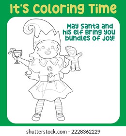 Christmas coloring page for kids. Cute and funny cartoon characters. Coloring game for preschool children. Kawaii Vector illustration. 