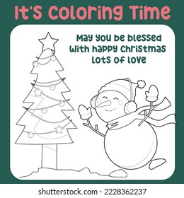 Christmas coloring page for kids. Cute and funny cartoon characters. Coloring game for preschool children. Kawaii Vector illustration. 