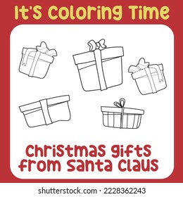 Christmas coloring page for kids. Cute and funny cartoon characters. Coloring game for preschool children. Kawaii Vector illustration. 