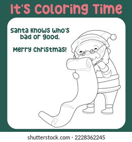 Christmas coloring page for kids. Cute and funny cartoon characters. Coloring game for preschool children. Kawaii Vector illustration. 