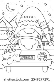 Christmas coloring page for kids with a gnome driving a car in the forest