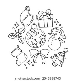 Christmas coloring page for kids. Penguin, candy, pastries, tree. Linear black and white drawing.