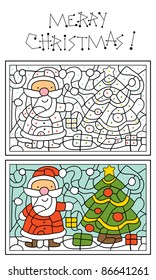 christmas coloring page for kids, Santa Claus and christmas tree