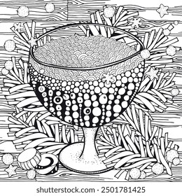Christmas Coloring Page with Lemonade in a Glass and Candy Cane – Detailed Black and White Festive Illustration. Zentangle patterns.