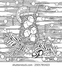 Christmas Coloring Page with Lemonade with Ice in a Glass and Candy Cane – Detailed Black and White Festive Illustration. Zentangle patterns.
