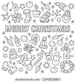 Christmas coloring page with Merry Christmas wishes, cute drawings of Christmas tree, reindeer, candles, penguin, stars, poinsettia, stocking, fireworks, candy cane, gingerbread man, snowman, wreath