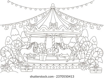 Christmas coloring page with merry-go carousel with christmas decorations and trees for kids and adults, new year themed outline art for postcard design, winter holiday fair printable activity