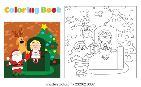 Christmas coloring page Mrs. Santa Claus is sitting on a chair with a cup of hot drink. Near her is a deer and Santa Claus.Cartoon characters of the winter holidays. 