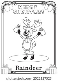 Christmas coloring page outline of a cute reindeer  holding gifts. kids activity worksheets for kindergarten