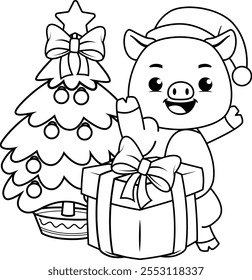 Christmas coloring page with pig for kids 