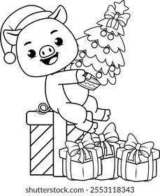 Christmas coloring page with pig for kids 