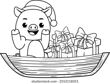 Christmas coloring page with pig for kids 