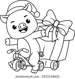 Christmas coloring page with pig for kids 