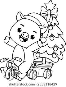 Christmas coloring page with pig for kids 