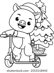Christmas coloring page with pig for kids 