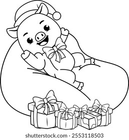 Christmas coloring page with pig for kids 