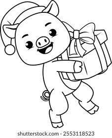 Christmas coloring page with pig for kids 