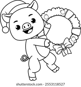 Christmas coloring page with pig for kids 