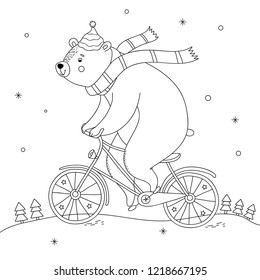 Christmas coloring page the polar bear riding bicycle  snowflakes   christmas trees  Cute bear vector illustration  Kids coloring page 