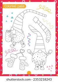 Christmas coloring page printable for children. Preschool games. Christmas Gnome, Christmas Sock. Page for Xmas Coloring Book. Vector illustration.