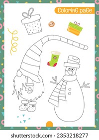 Christmas coloring page printable for children. Preschool games. Christmas Gnome, Snowman. Page for Xmas Coloring Book. Vector illustration.