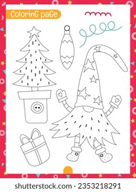 Christmas coloring page printable for children. Preschool games. Christmas Gnome, Christmas Tree. Page for Xmas Coloring Book. Vector illustration.