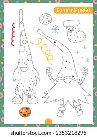 Christmas coloring page printable for children. Preschool games. Christmas Gnomes, Christmas Stocking, Cookie. Page for Xmas Coloring Book. Vector illustration.
