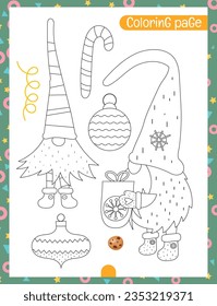 Christmas coloring page printable for children. Preschool games. Christmas Gnomes, Christmas Decorations, Candy Cane. Page for Xmas Coloring Book. Vector illustration.
