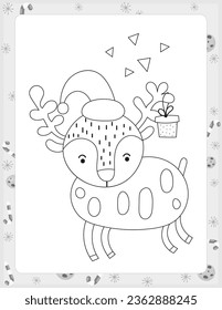 Christmas coloring page printable for children. Preschool games. Christmas Reindeer Rudolph. Black and White Page for Xmas Coloring Book KDP. Vector illustration.