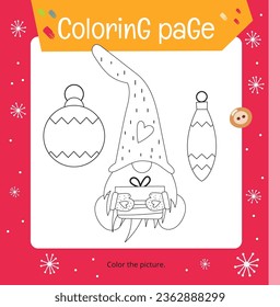 Christmas coloring page printable for children. Preschool games. Christmas Gnome with Gift. Square Page for Xmas Coloring Book. Vector illustration.