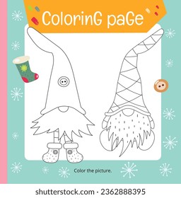 Christmas coloring page printable for children. Preschool games. Christmas Gnomes. Square Page for Xmas Coloring Book. Vector illustration.