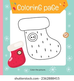 Christmas coloring page printable for children. Preschool games. Christmas Stocking. Square Page for Xmas Coloring Book. Vector illustration.