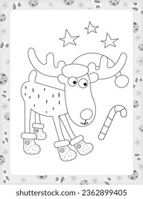 Christmas coloring page printable for children. Preschool games. Cute Christmas Reindeer. Black and White Page for Xmas Coloring Book KDP. Vector illustration.