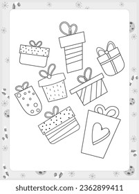 Christmas coloring page printable for children. Preschool games. Christmas Gift Boxes. Black and White Page for Xmas Coloring Book KDP. Vector illustration.