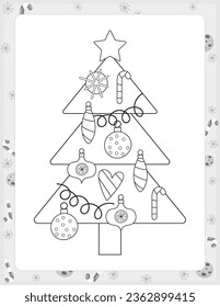 Christmas coloring page printable for children. Preschool games. Cute Christmas Tree. Black and White Page for Xmas Coloring Book KDP. Vector illustration.