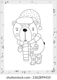 Christmas coloring page printable for children. Preschool games. Christmas Animals Bear. Black and White Page for Xmas Coloring Book KDP. Vector illustration.