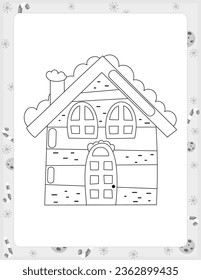 Christmas coloring page printable for children. Preschool games. Christmas House. Black and White Page for Xmas Coloring Book KDP. Vector illustration.