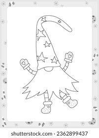 Christmas coloring page printable for children. Preschool games. Cute Christmas Gnome. Black and White Page for Xmas Coloring Book KDP. Vector illustration.