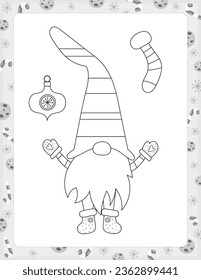 Christmas coloring page printable for children. Preschool games. Cute Christmas Gnome and decorations. Black and White Page for Xmas Coloring Book KDP. Vector illustration.