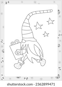 Christmas coloring page printable for children. Preschool games. Cute Christmas Gnome with present. Black and White Page for Xmas Coloring Book KDP. Vector illustration.