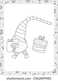 Christmas coloring page printable for children. Preschool games. Cute Christmas Gnome with Gift box. Black and White Page for Xmas Coloring Book KDP. Vector illustration.