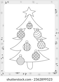 Christmas coloring page printable for children. Preschool games. Christmas Decorated Tree. Black and White Page for Xmas Coloring Book KDP. Vector illustration.