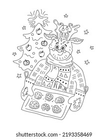 Christmas coloring page. Reindeer is baking christmas cookies. Line art vector illustration.
